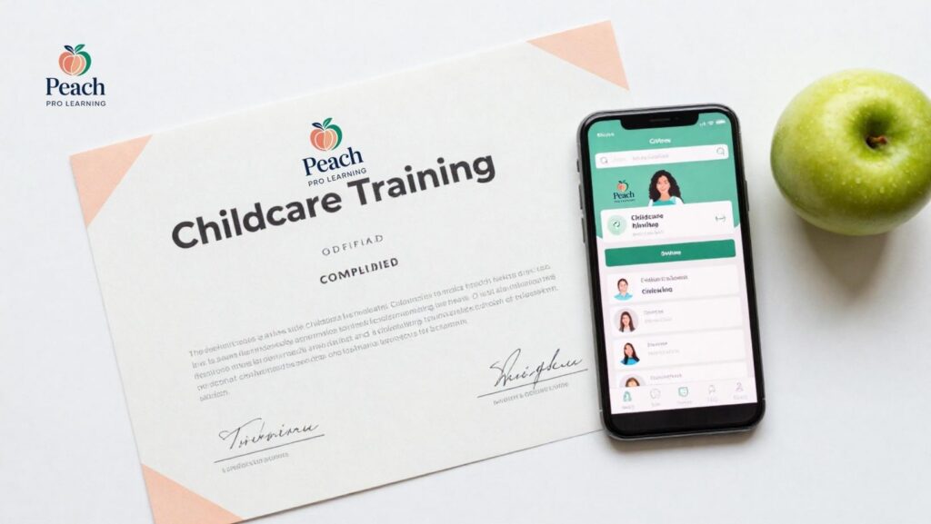 A printed Peach Pro Learning Childcare Training certificate next to a smartphone and a green apple on a white desk, representing certified child safety training. Title: Peach Pro Child Safety Training Certificate