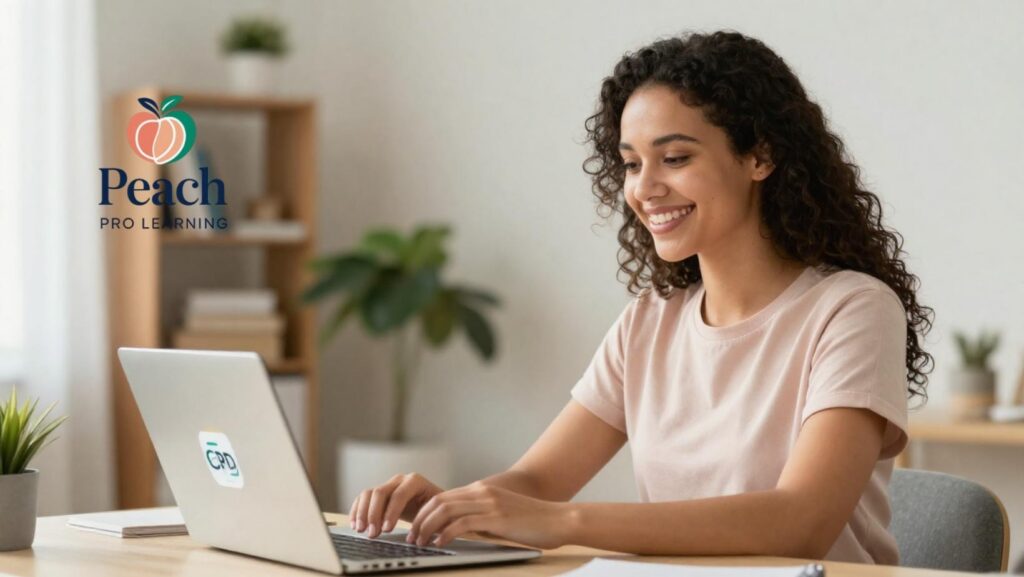 A smiling young woman sitting at a desk working on a laptop with a CPD sticker, completing her child safety training online with Peach Pro Learning.